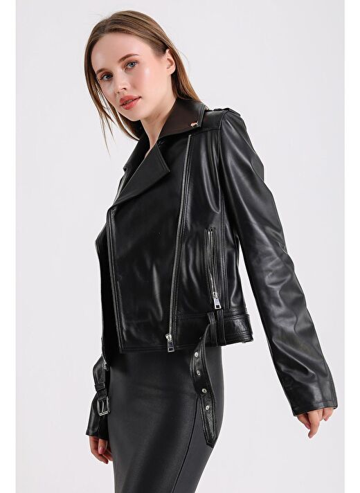 Milenni Kadın Deri Biker Ceket 4