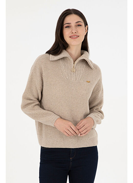 U.S. Polo Assn. Kadın Krem Melanj Kazak /triko 50297086-VR159 1