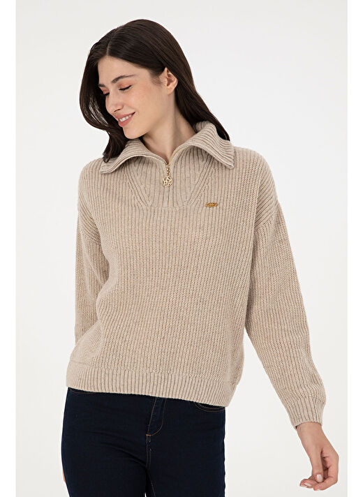 U.S. Polo Assn. Kadın Krem Melanj Kazak /triko 50297086-VR159 3