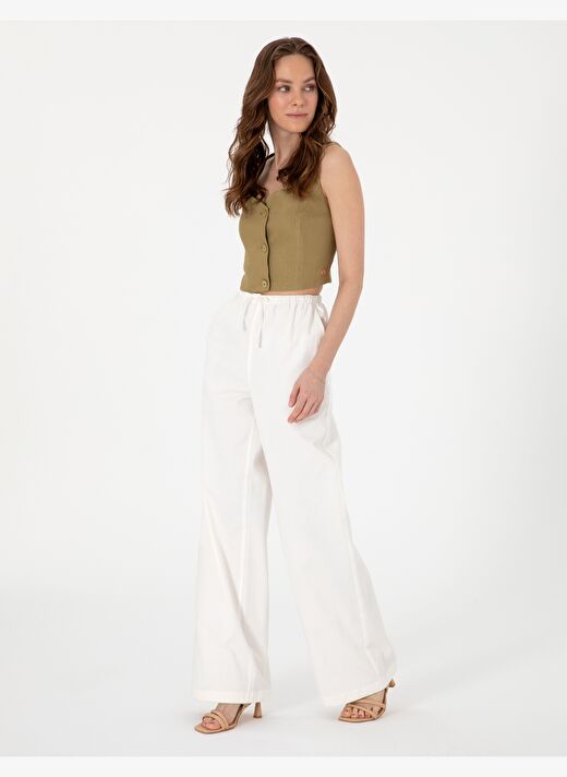 Beyaz Yüksek Bel Loose Fit Pantolon 3