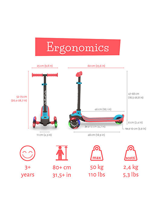 Scotti Glow - 3 Tekerlekli Işıklı Scooter - Kırmızı 4