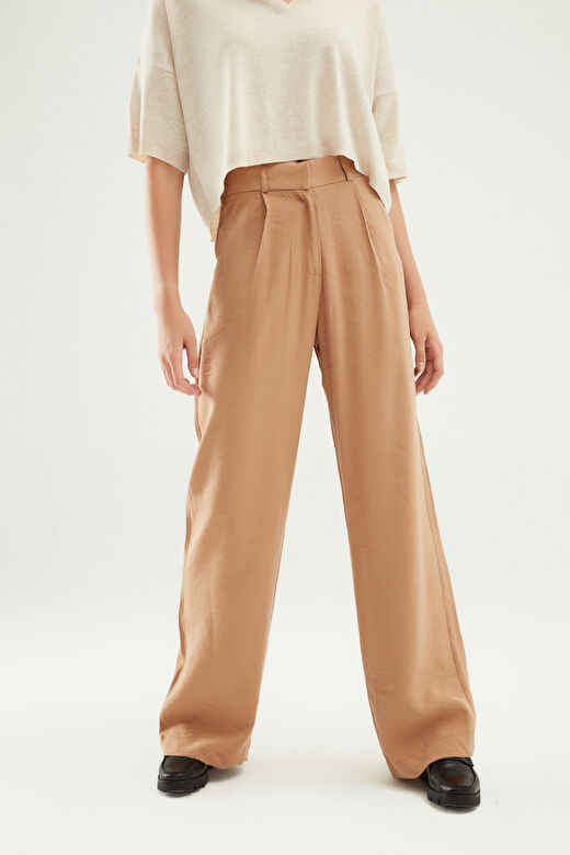 Yüksel Bel Bol Paça Pantolon Camel 3