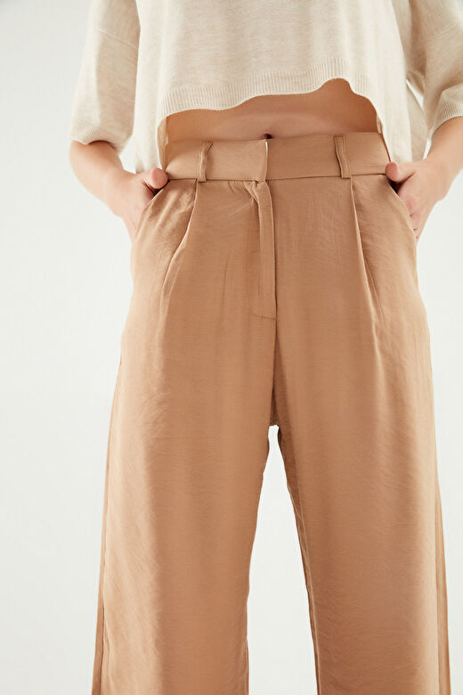 Yüksel Bel Bol Paça Pantolon Camel 4
