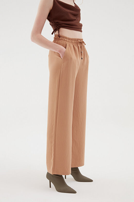 Beli Lastikli Bol Paça Pantolon Bej 4