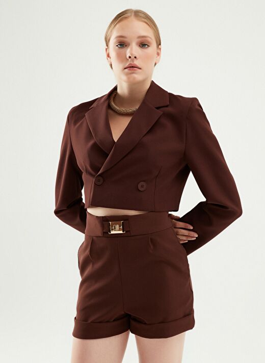Kruvaze Crop Blazer Ceket Koyu Kahve 3