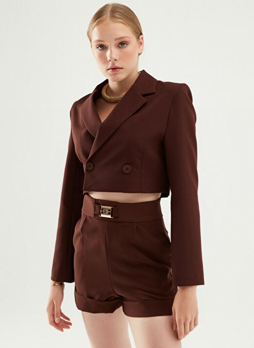 Kruvaze Crop Blazer Ceket Koyu Kahve 4