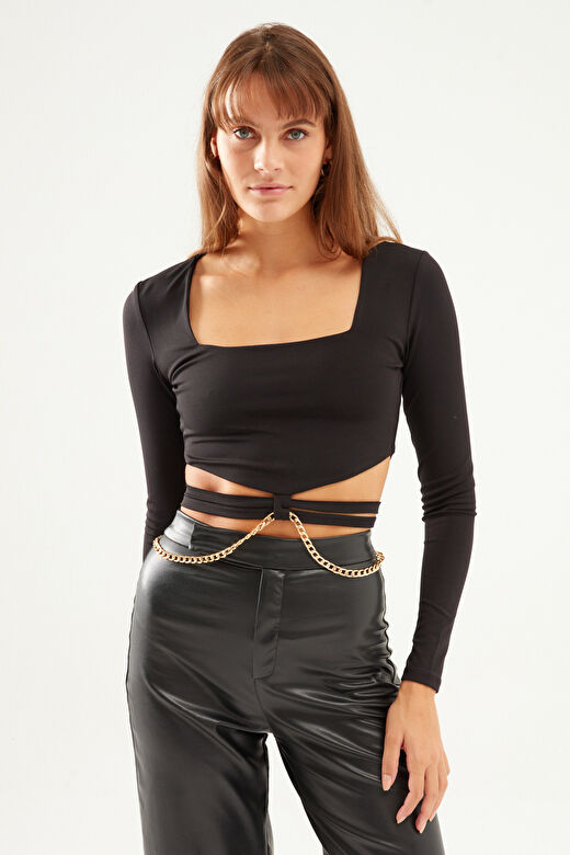 Zincir Detaylı Crop Bluz Siyah 2