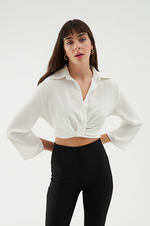 Beli Lastikli Crop Gömlek Beyaz 1