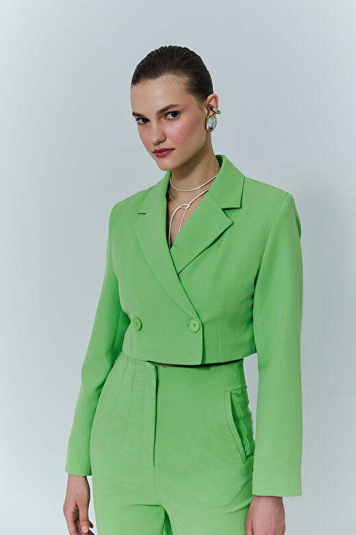 Kruvaze Crop Blazer Ceket Yeşil 1