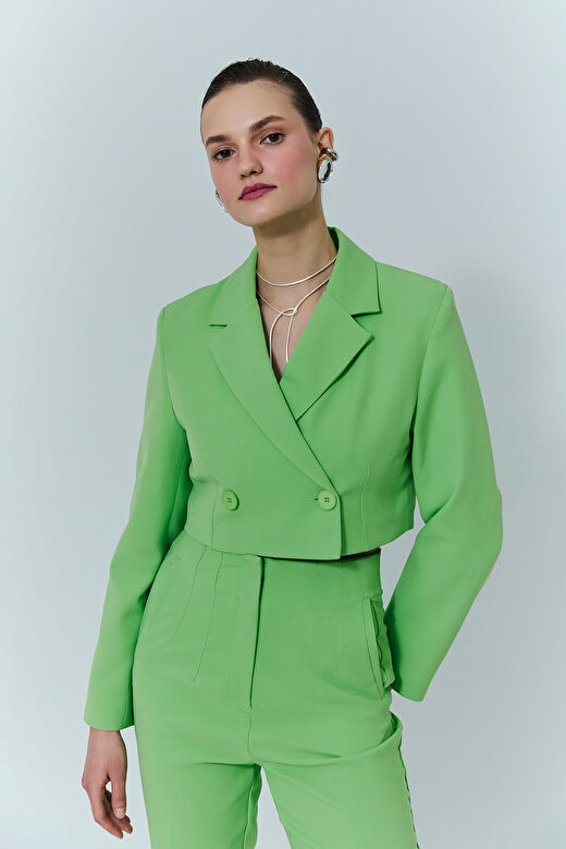 Kruvaze Crop Blazer Ceket Yeşil 4