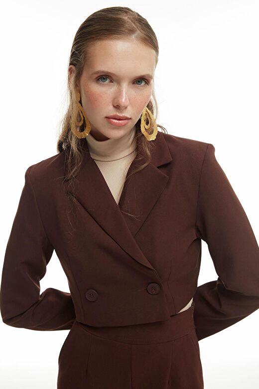 Kruvaze Crop Blazer Ceket Kahverengi 1