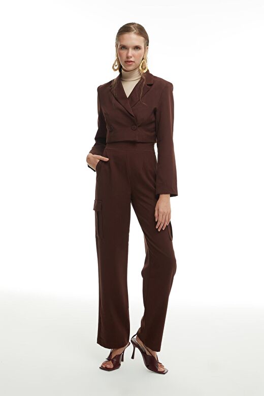 Kruvaze Crop Blazer Ceket Kahverengi 3