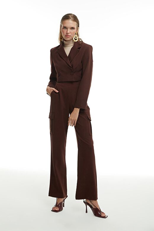 Kruvaze Crop Blazer Ceket Kahverengi 4