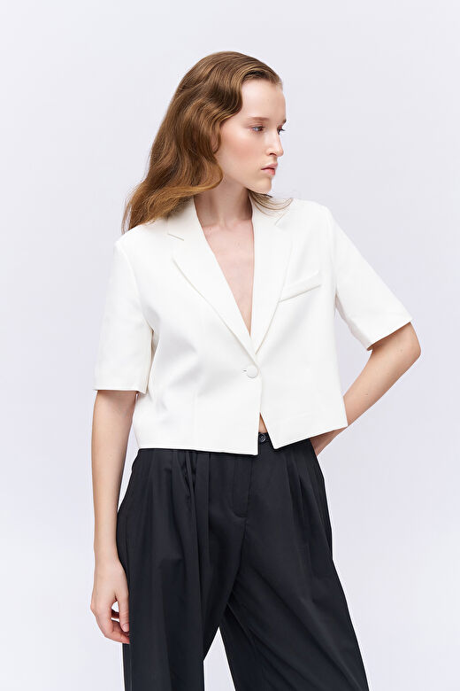 Kısa Kol Crop Blazer Ceket Ekru 3