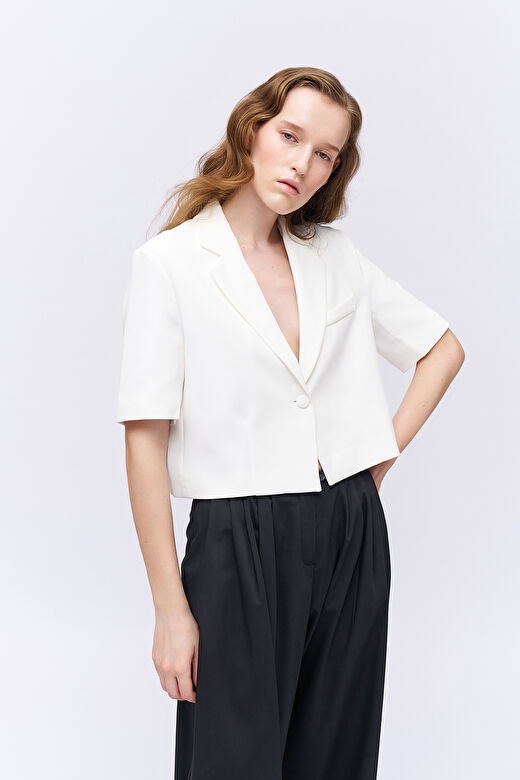 Kısa Kol Crop Blazer Ceket Ekru 2