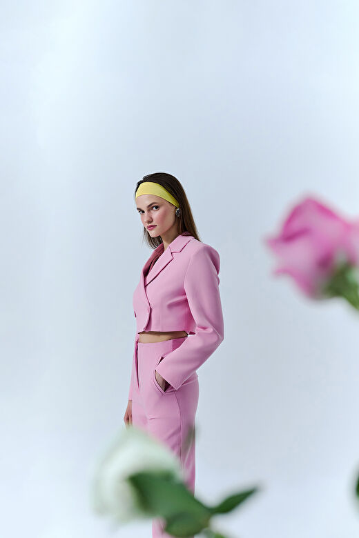 Kruvaze Crop Blazer Ceket Pembe 2