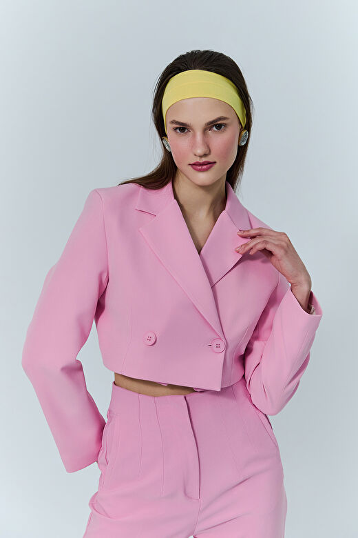 Kruvaze Crop Blazer Ceket Pembe 1