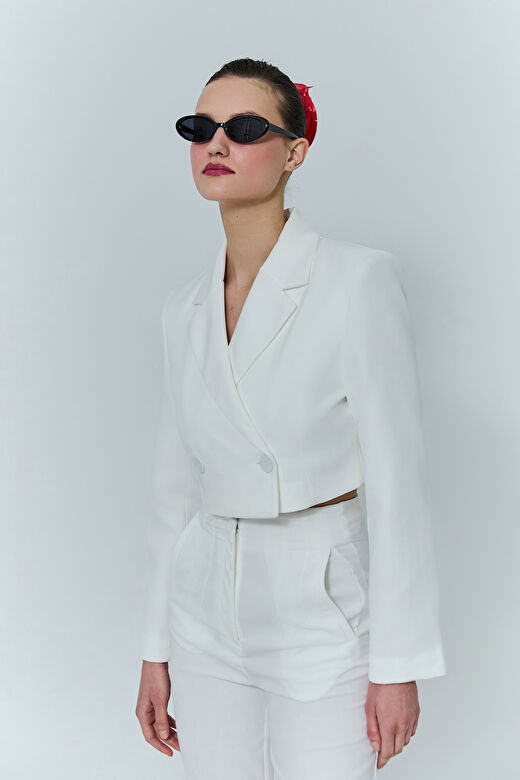 Kruvaze Crop Blazer Ceket Ekru 3