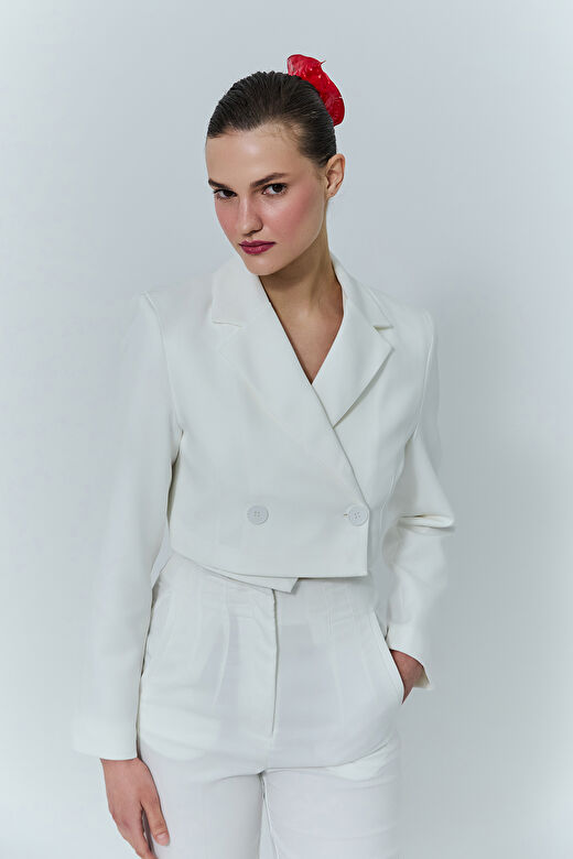 Kruvaze Crop Blazer Ceket Ekru 1