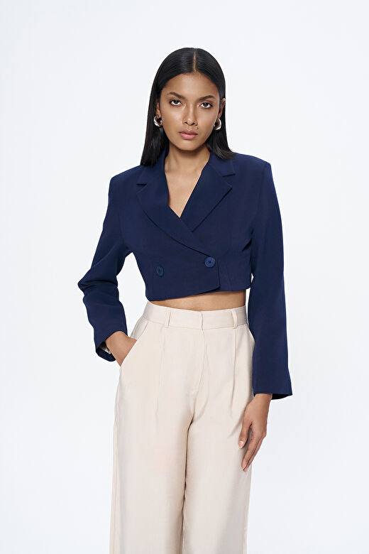 Kruvaze Crop Blazer Ceket Lacivert 1