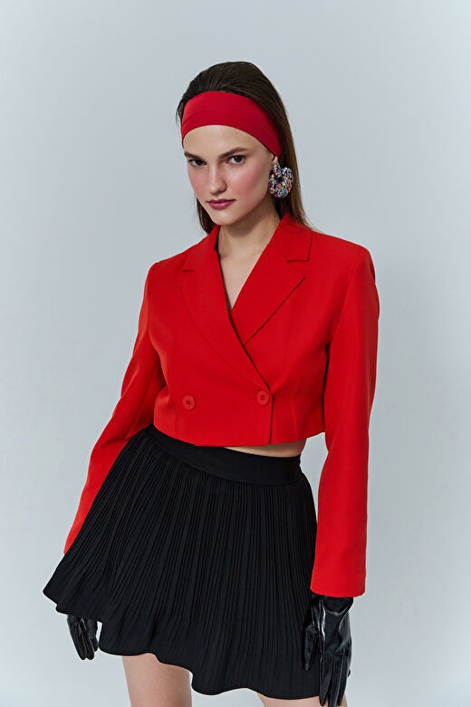 Kruvaze Crop Blazer Ceket Kırmızı 4