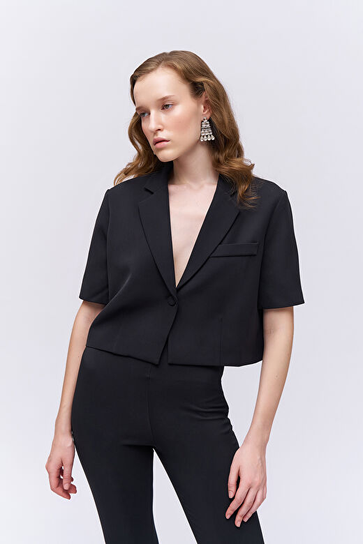 Kısa Kol Crop Blazer Ceket Siyah 1