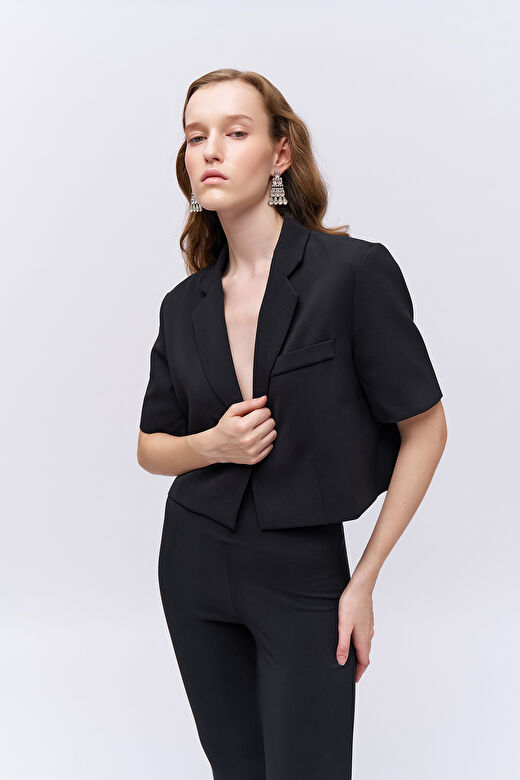 Kısa Kol Crop Blazer Ceket Siyah 2