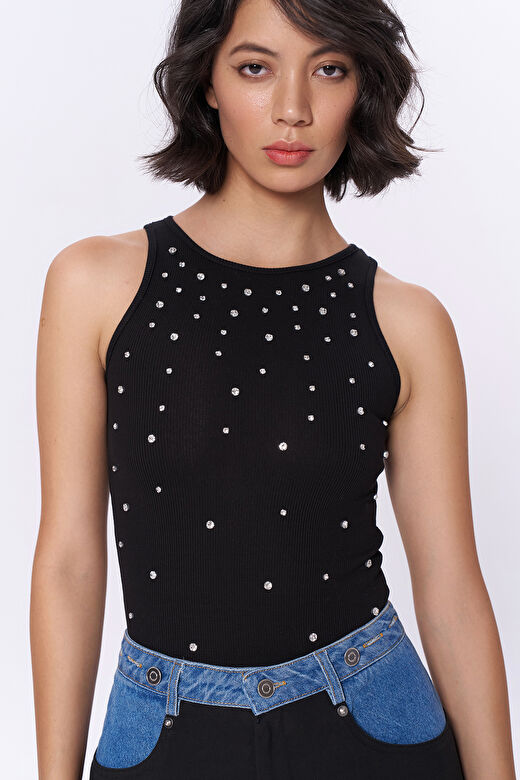 Taş Aksesuarlı Halter Yaka Bodysuit Siyah 2