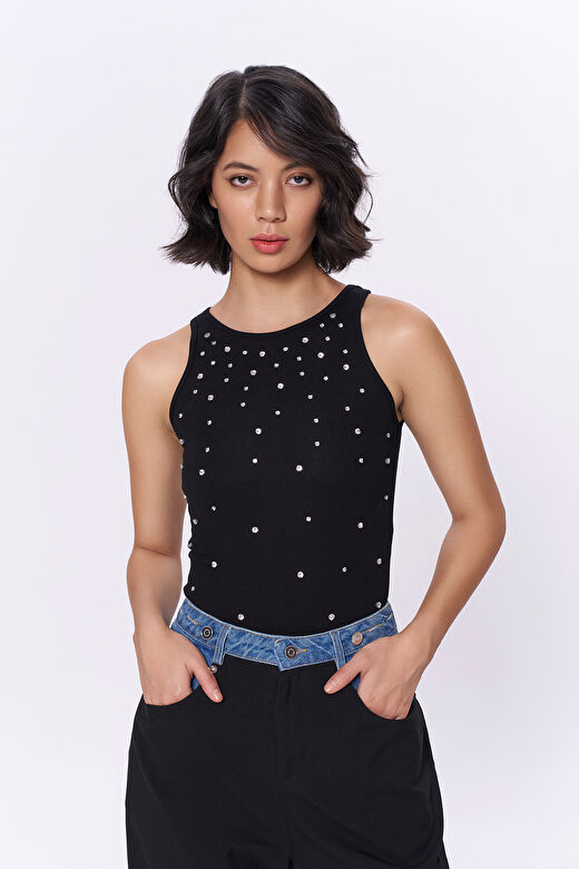 Taş Aksesuarlı Halter Yaka Bodysuit Siyah 1