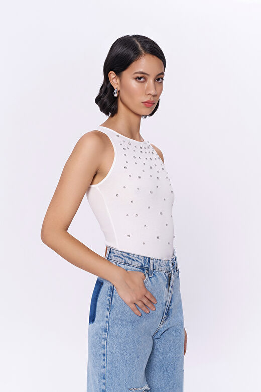 Taş Aksesuarlı Halter Yaka Bodysuit Ekru 2