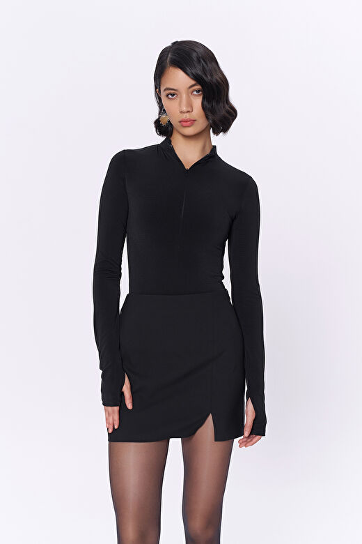 Fermuarlı Balıkçı Yaka Bodysuit Siyah 2
