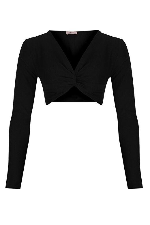 Mykonos Önden Büzgü Detaylı Crop Top Siyah 1