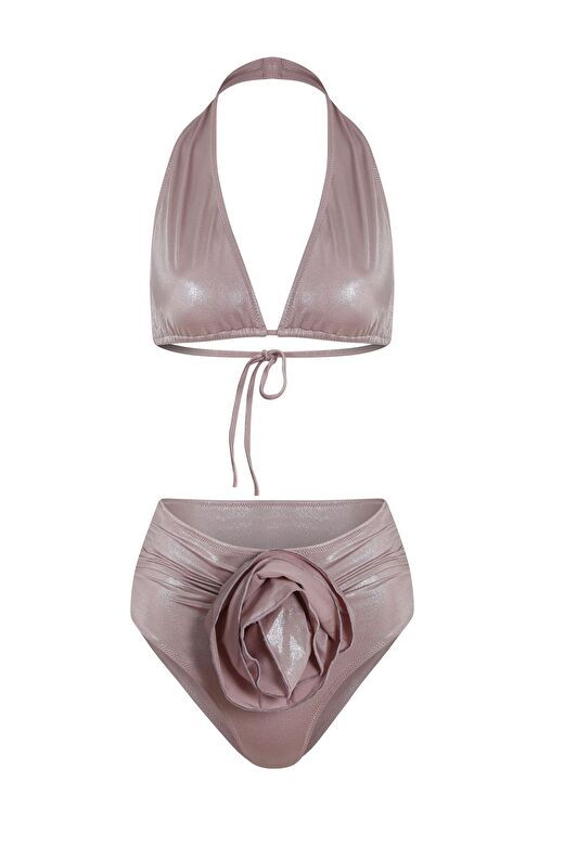 Capri Lila Gül Detaylı Sim Varak Baskılı Bikini Takımı 4