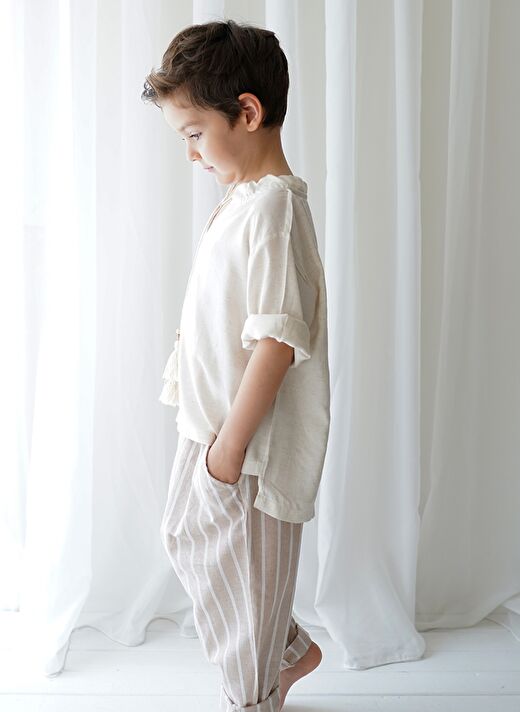 Linen Line Kahve Beyaz Çizgili Carrot Pantolon + Krem Keten İpli Gömlek 4