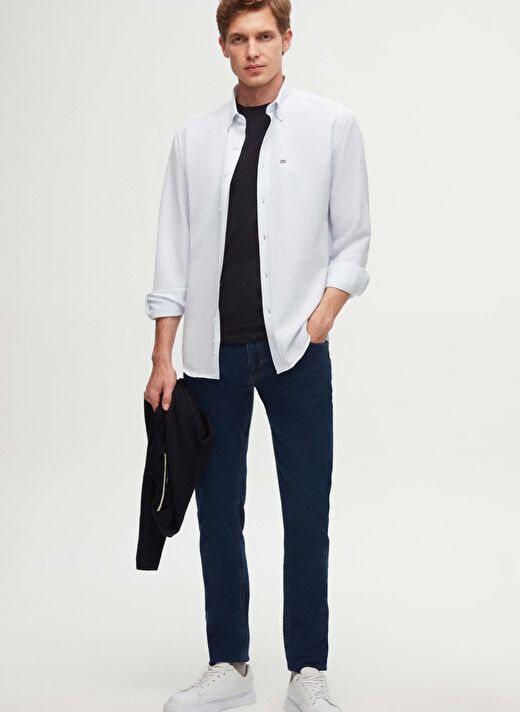 Ds Damat Slim Fit Açık Mavi Oxford Düğmeli Yaka Kolay Ütülenebilir Nakış Detaylı Pamuklu Gömlek 4