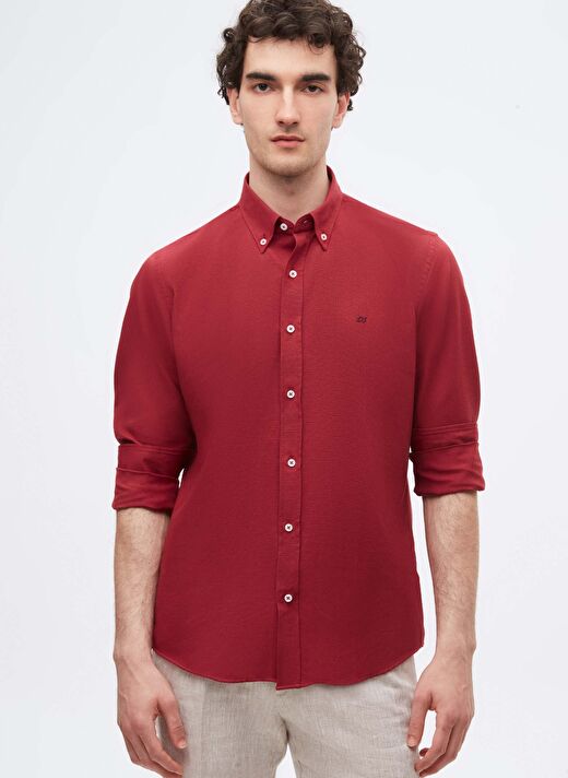Ds Damat Slim Fit Bordo Oxford Düğmeli Yaka Kolay Ütülenebilir Nakış Detaylı Pamuklu Gömlek 1