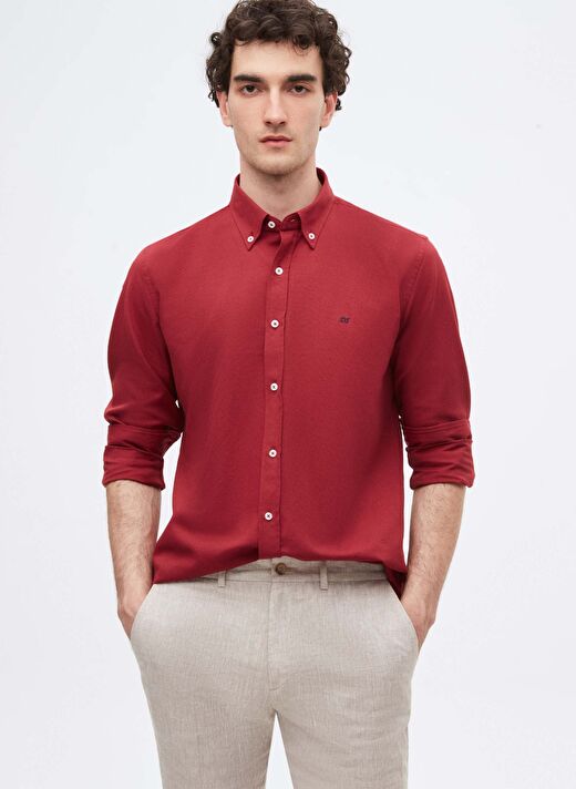 Ds Damat Slim Fit Bordo Oxford Düğmeli Yaka Kolay Ütülenebilir Nakış Detaylı Pamuklu Gömlek 2