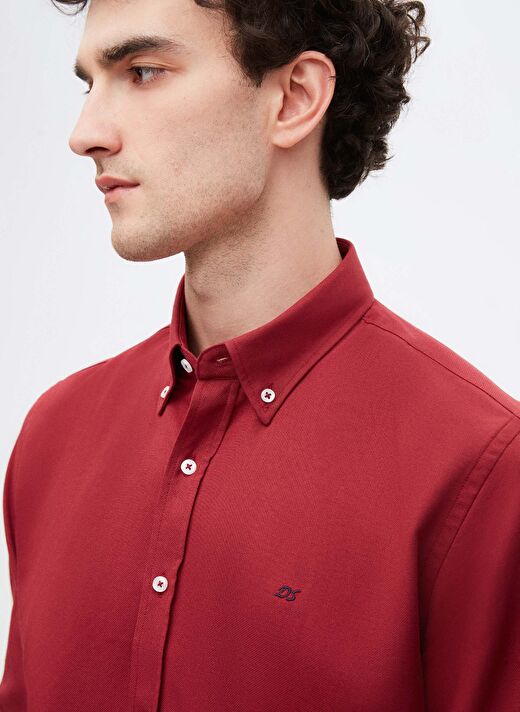 Ds Damat Slim Fit Bordo Oxford Düğmeli Yaka Kolay Ütülenebilir Nakış Detaylı Pamuklu Gömlek 3