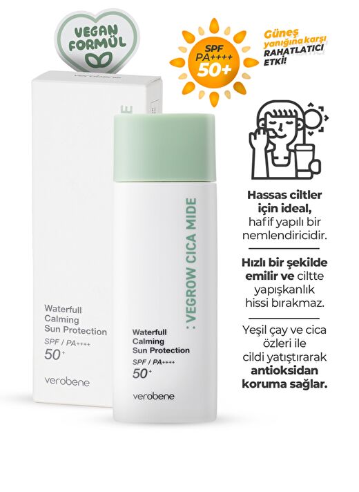Vegrow Cica Mide Waterfull Sun Cream Vegan Bitkisel Yatıştırıcı Güneş Koruyucu 50 ml 3