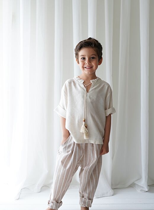 Linen Line Kahve Beyaz Çizgili Carrot Pantolon + Krem Keten İpli Gömlek 1