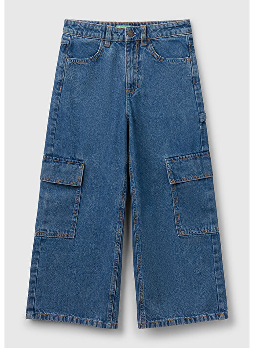 Kız Çocuk Denim Taş Yıkama Wide Fit Kargo Denim Pantolon 1