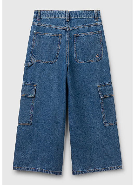 Kız Çocuk Denim Taş Yıkama Wide Fit Kargo Denim Pantolon 2