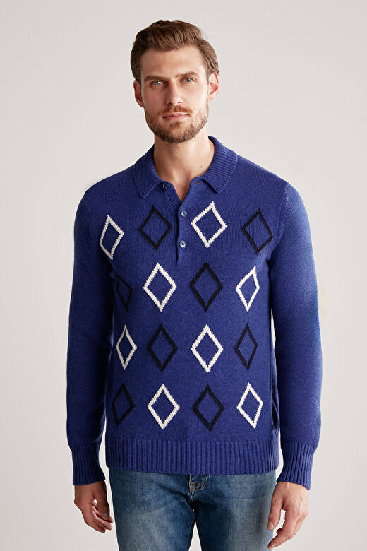Baklava Desenli Polo Yaka Lambswool İndigo Mavi Kazak 2