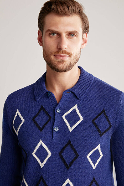 Baklava Desenli Polo Yaka Lambswool İndigo Mavi Kazak 3