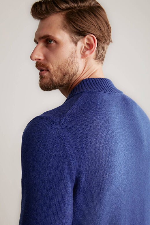 Baklava Desenli Polo Yaka Lambswool İndigo Mavi Kazak 4