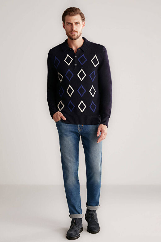 Baklava Desenli Polo Yaka Lambswool Lacivert Kazak 1