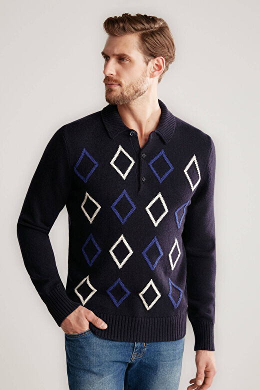 Baklava Desenli Polo Yaka Lambswool Lacivert Kazak 2