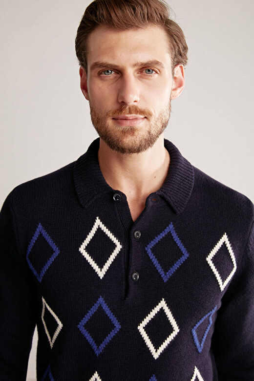 Baklava Desenli Polo Yaka Lambswool Lacivert Kazak 3