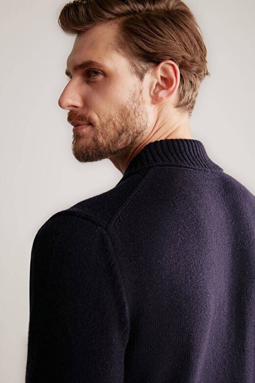 Baklava Desenli Polo Yaka Lambswool Lacivert Kazak 4