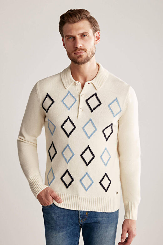Baklava Desenli Polo Yaka Lambswool Ekru Kazak 2